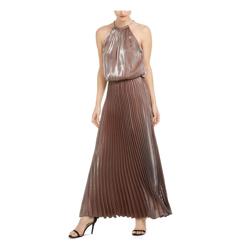 New MSK Metallic Brown Pleated High Neck Formal Gown $129